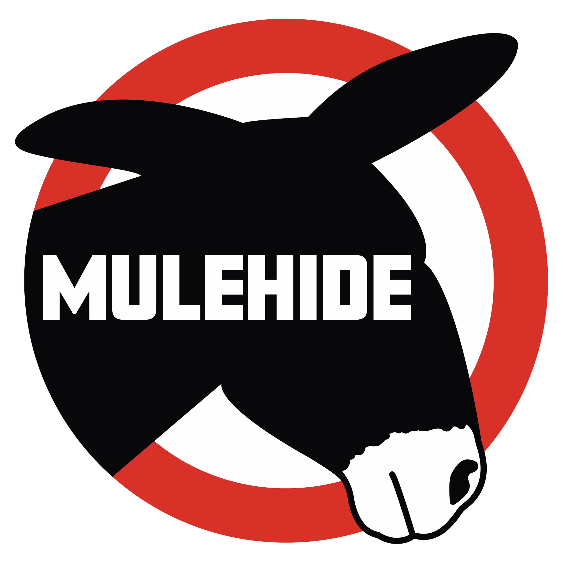 Black silhouette of a mule's head with white text 'MULEHIDE' across it, set against a red and white circular background.