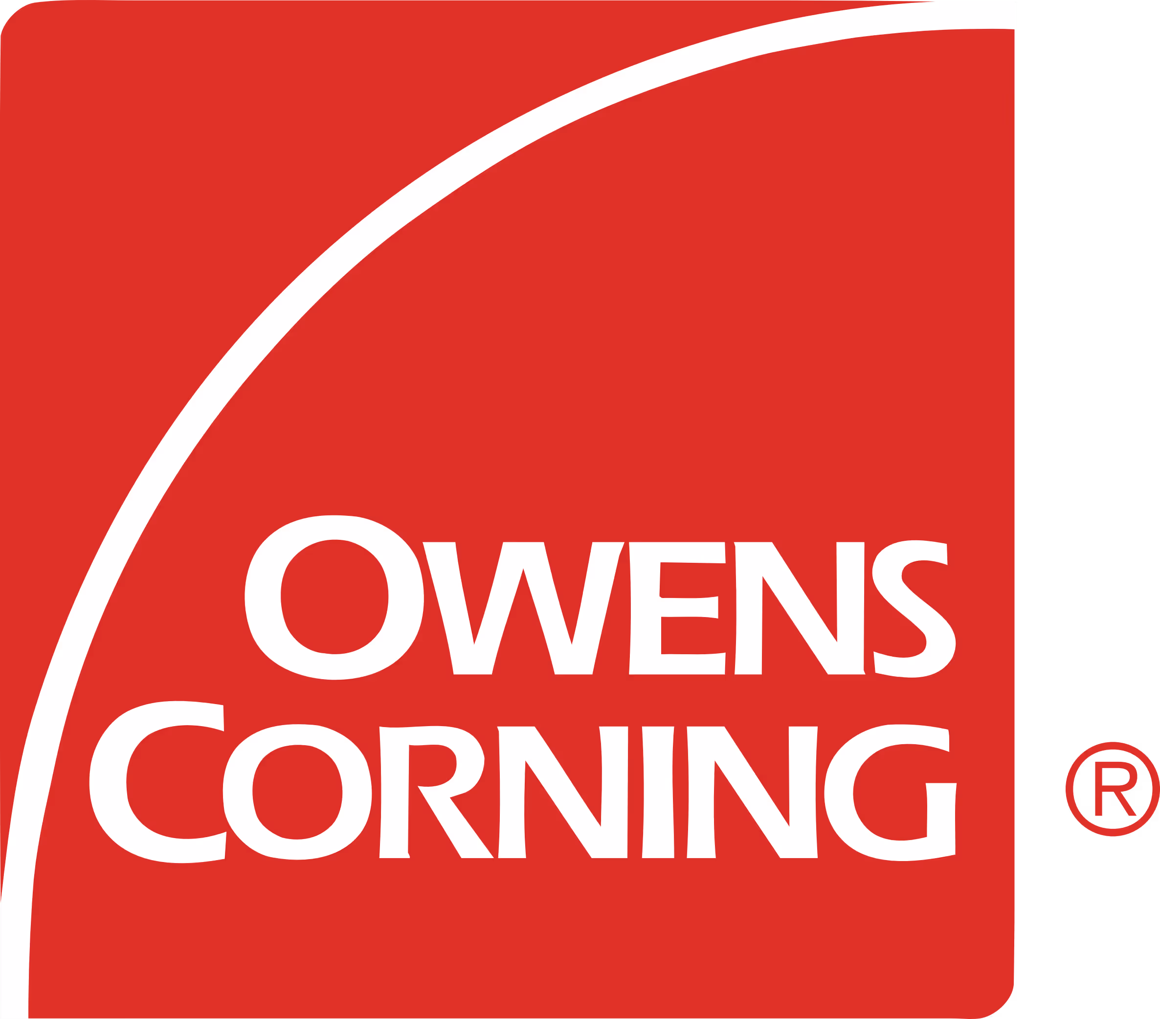 Owens Corning logo featuring white text on a red background with a curved white line.