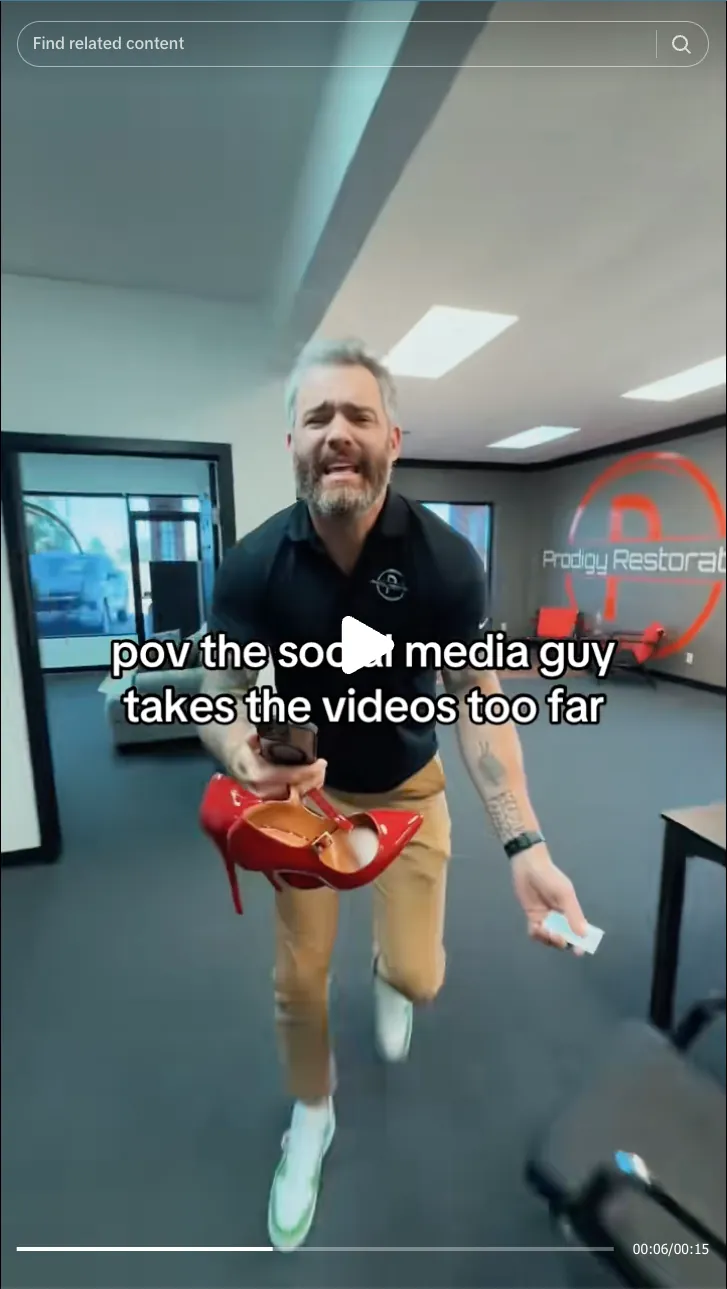 Roofing by Prodigy - Man in office holding red high-heeled shoes and a phone, with text overlay saying 'pov the social media guy takes the videos too far.'