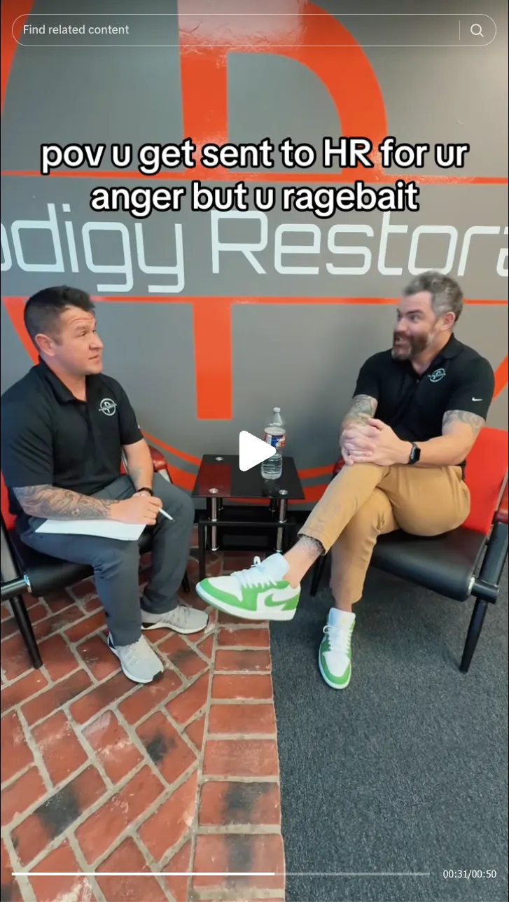 Roofing by Prodigy - Two men having a conversation while seated in chairs with a small table and water bottle between them, text overlay reads 'pov u get sent to HR for ur anger but u ragebait'.