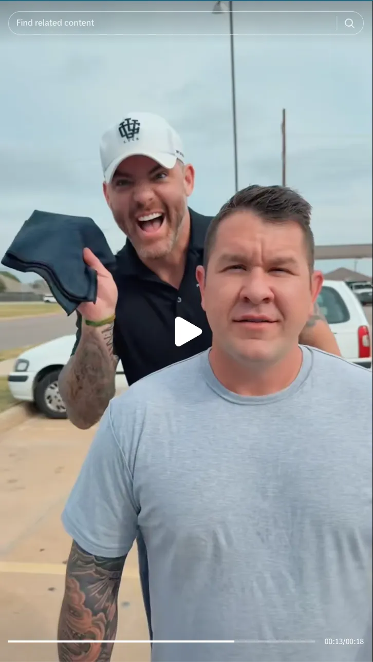 Roofing by Prodigy - Two men outdoors with one in a light gray shirt standing in front and another behind wearing a white cap and holding a dark cloth, smiling energetically.