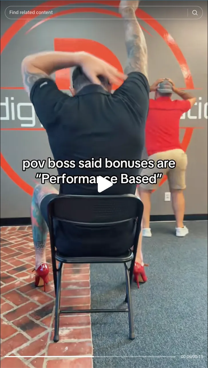 Roofing by Prodigy - Two men exercising indoors; one seated on a chair wearing red high heels, the other standing with hands on head, captioned 'pov boss said bonuses are Performance Based.'