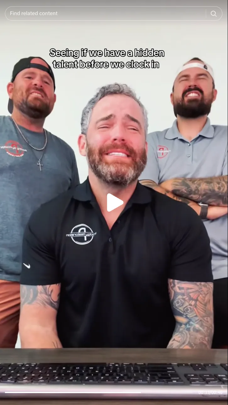 Roofing by Prodigy - Three men with tattoos staring at the camera, with text above reading 'Seeing if we have a hidden talent before we clock in'.