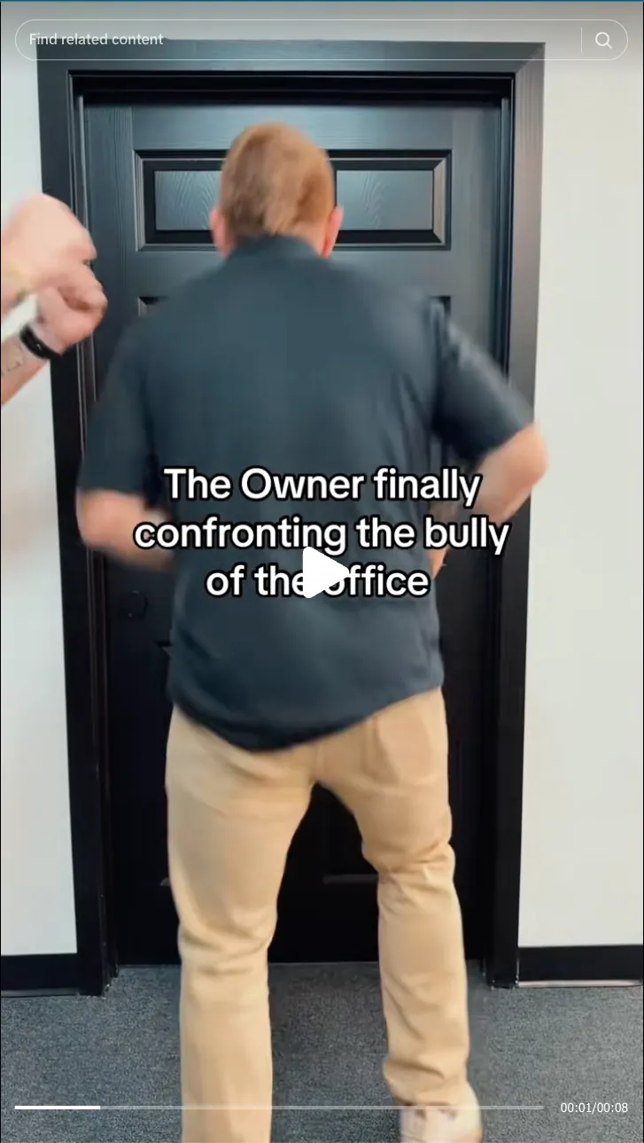 Roofing by Prodigy - A man in a black shirt and khaki pants stands facing a closed black door, with the text 'The Owner finally confronting the bully of the office' overlaid on the image.